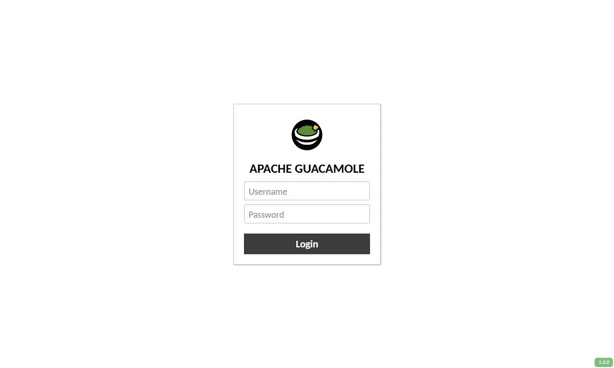 صفحة دخول Apache Guacamole وفيها شعار التطبيق وحقلا Username وPassword وزر Login