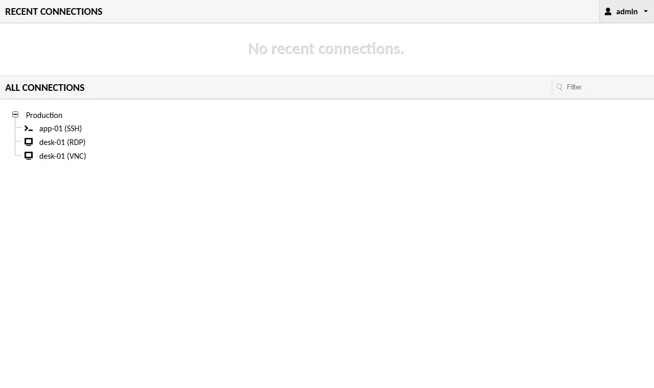 الصفحة الرئيسية في Guacamole للمستخدم admin وفيها قسم All Connections ومجموعة Production وتحتها app-01 (SSH) وdesk-01 (RDP) وdesk-01 (VNC)
