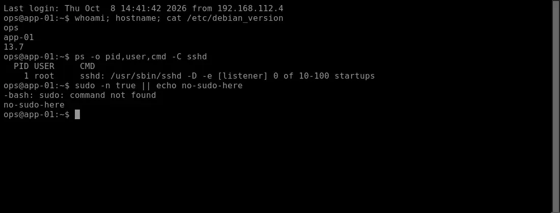جلسة SSH داخل المتصفح على السيرفر app-01 بالمستخدم ops، تعرض مخرج whoami وhostname وإصدار Debian 13.7 وعملية sshd، ومحاولة sudo تفشل لأنه غير مثبت
