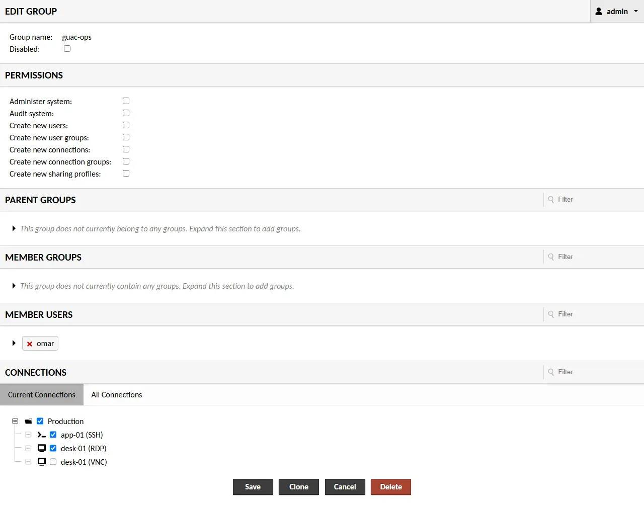 صفحة Edit Group للمجموعة guac-ops: لا صلاحيات إدارية، والعضو omar، وفي قسم Connections علامة على Production وapp-01 (SSH) وdesk-01 (RDP) دون desk-01 (VNC)