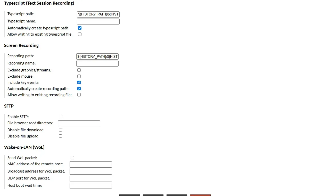 قسم Typescript وScreen Recording في صفحة تعديل الاتصال: Typescript path وRecording path بالقيمة ${HISTORY_PATH}/${HISTORY_UUID}، وخيار Automatically create path مفعل في القسمين، وInclude key events مفعل