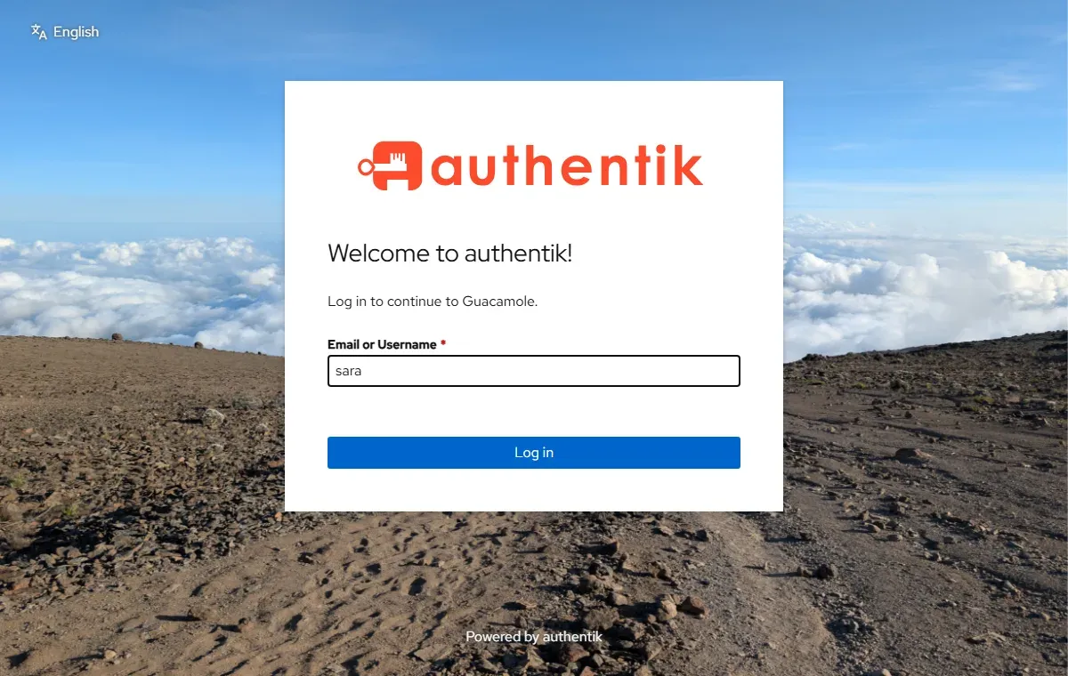 صفحة دخول authentik وفيها Welcome to authentik وLog in to continue to Guacamole وحقل Email or Username وفيه sara