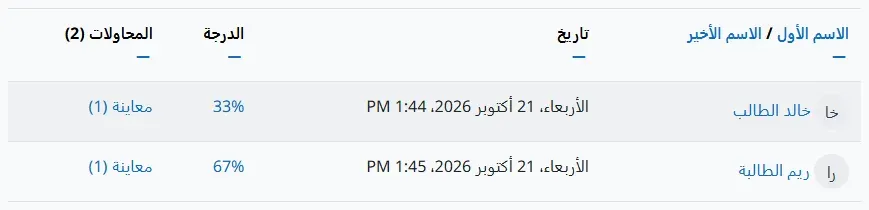 تقرير المحاولات في نشاط H5P في Moodle بالعربية: جدول فيه خالد الطالب بتاريخ الأربعاء 21 أكتوبر 2026 1:44 PM ودرجة 33% ومعاينة (1)، وريم الطالبة 1:45 PM ودرجة 67% ومعاينة (1)