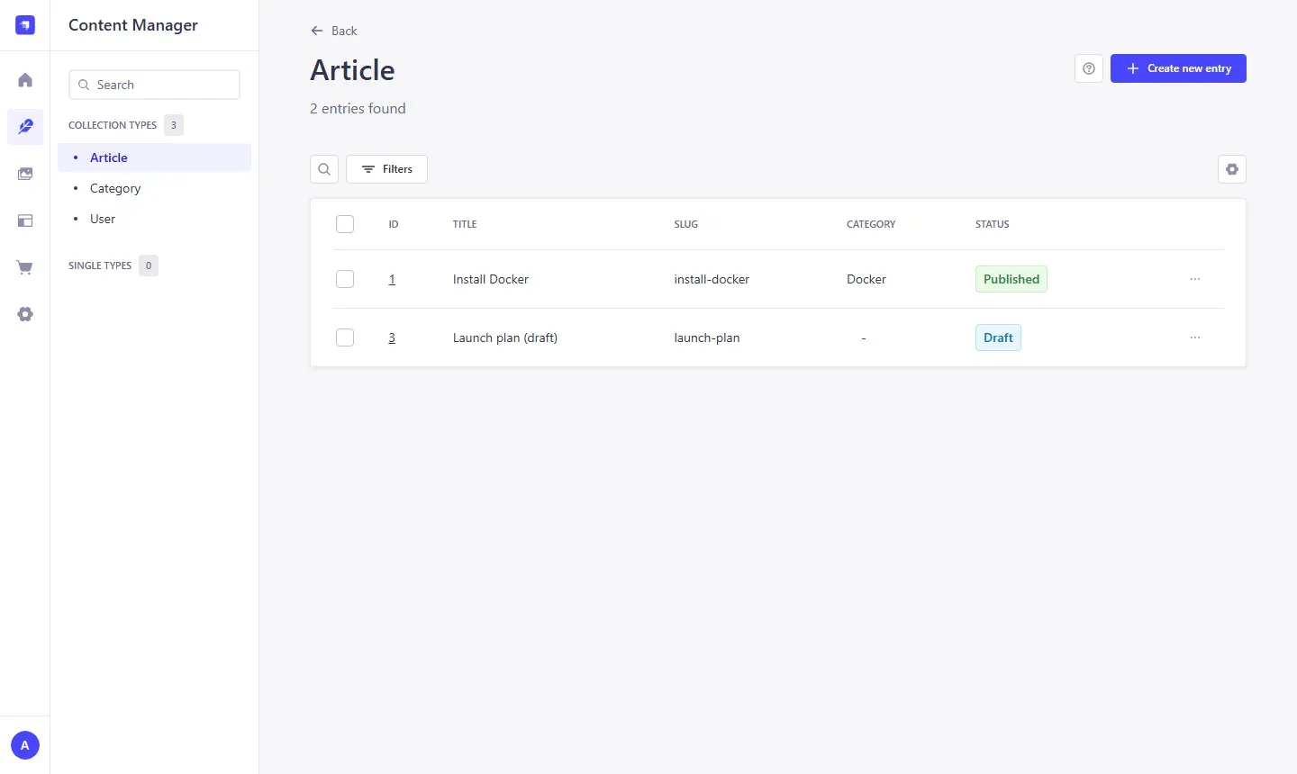 لوحة Content Manager في Strapi تعرض نوع Article فيه مقالان: Install Docker بالتصنيف Docker والحالة Published، وLaunch plan (draft) دون تصنيف والحالة Draft