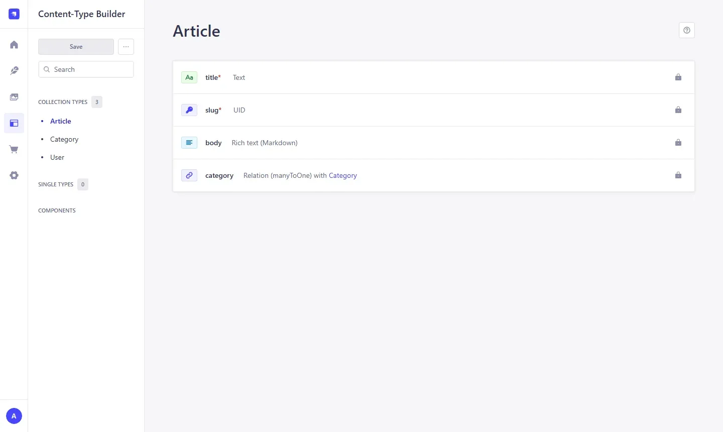 شاشة Content-Type Builder لنوع Article بحقول title من نوع Text وslug من نوع UID وbody من نوع Rich text Markdown وcategory علاقة manyToOne مع Category، وبجانب كل حقل قفل