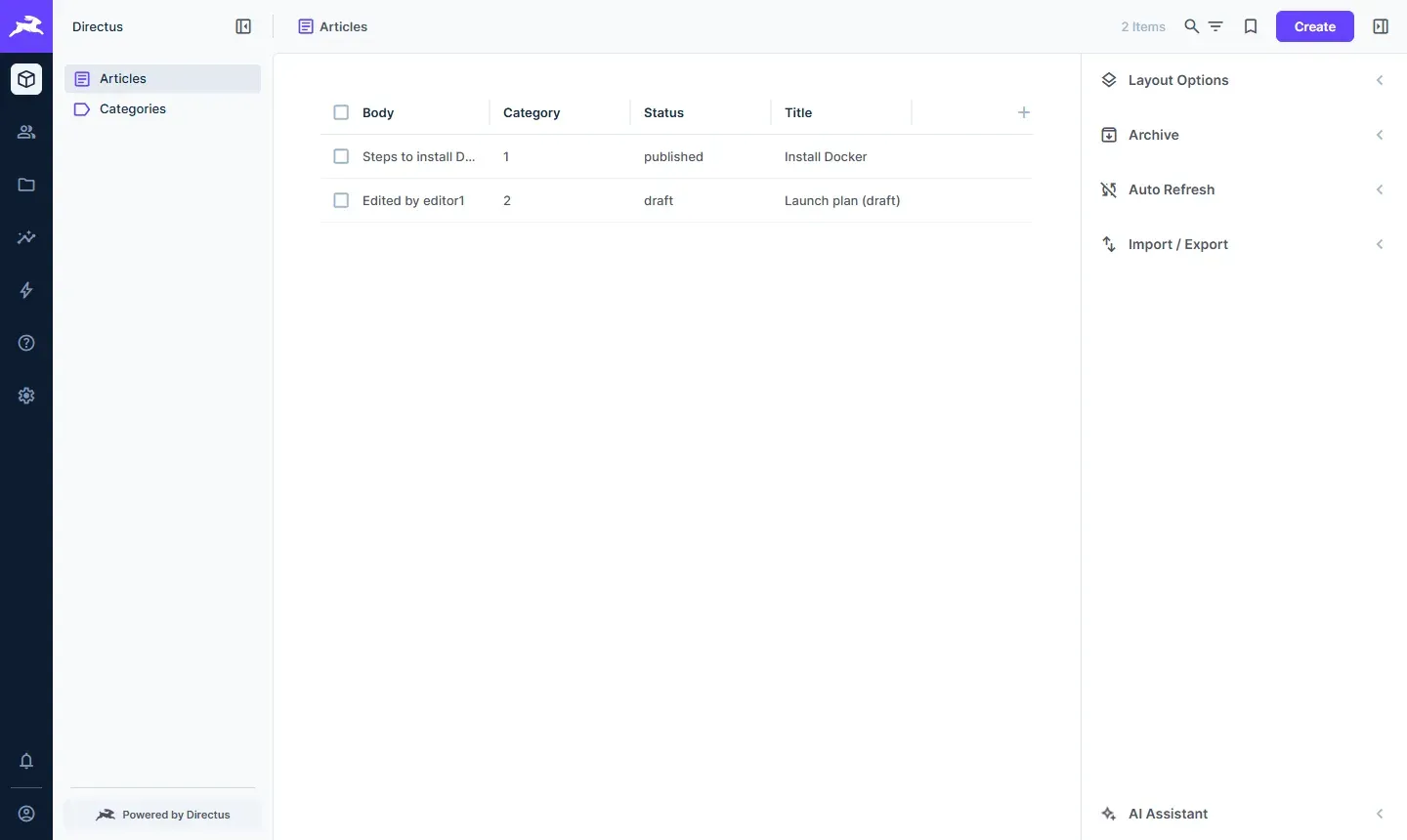 لوحة Directus تعرض مجموعة Articles فيها عنصران: Install Docker بالحالة published، وLaunch plan (draft) بالحالة draft ونصه Edited by editor1، وفي الشريط الجانبي Articles وCategories