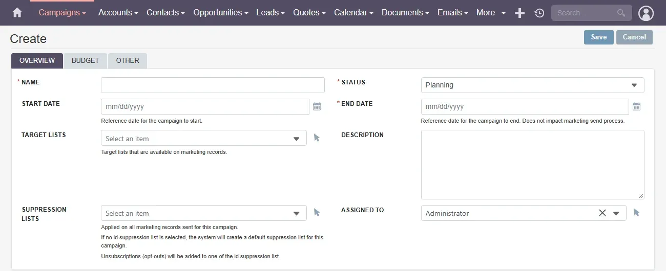 نموذج إنشاء حملة في SuiteCRM بحقول الاسم والحالة وتاريخ البداية والنهاية والقوائم المستهدفة Target Lists وقوائم الاستبعاد Suppression Lists مع ملاحظة أن إلغاء الاشتراك يضاف إلى قائمة استبعاد