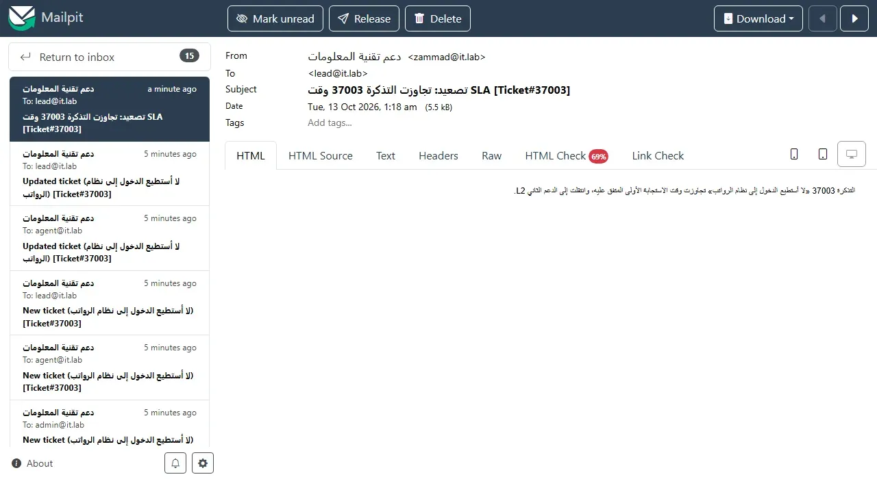 شاشة Mailpit فيها رسالة من دعم تقنية المعلومات zammad@it.lab إلى lead@it.lab عنوانها تصعيد: تجاوزت التذكرة 37003 وقت SLA، ونصها أن التذكرة تجاوزت وقت الاستجابة الأولى المتفق عليه وانتقلت إلى الدعم الثاني L2، وفي القائمة الجانبية رسائل New ticket وUpdated ticket السابقة