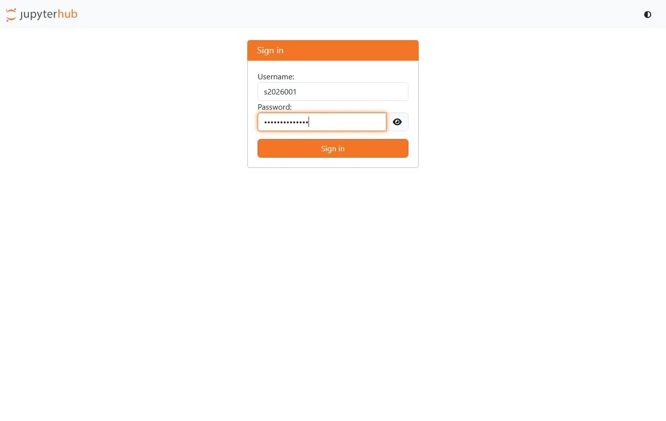 صفحة دخول JupyterHub: شعار jupyterhub في الأعلى، ونموذج Sign in فيه اسم المستخدم s2026001 وكلمة المرور وزر Sign in برتقالي
