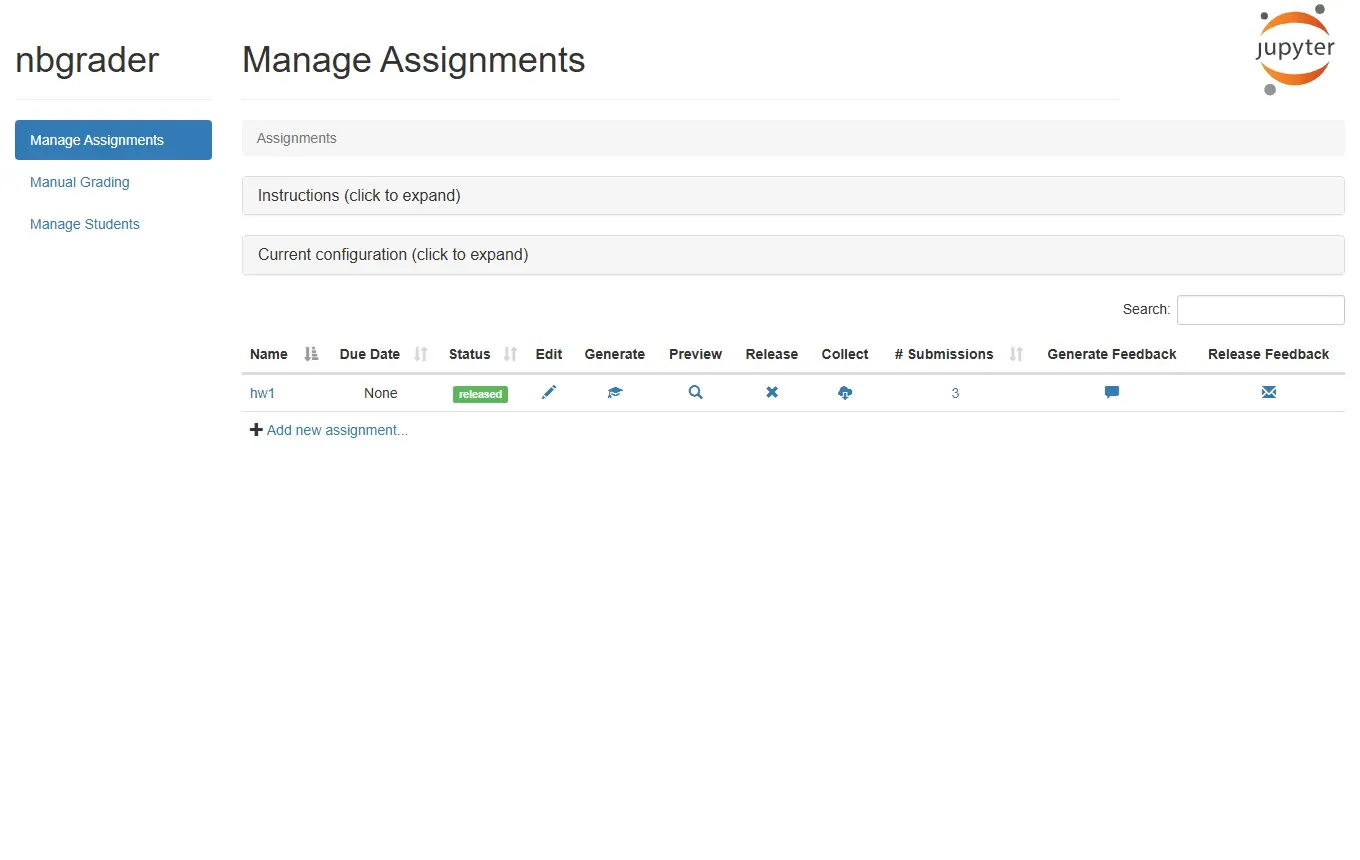 صفحة nbgrader بعنوان Manage Assignments، وعلى اليسار روابط Manage Assignments وManual Grading وManage Students، وفي الجدول الواجب hw1 بحالة released وأمامه أيقونات Edit وGenerate وPreview وRelease وCollect وعدد التسليمات 3 وGenerate Feedback وRelease Feedback