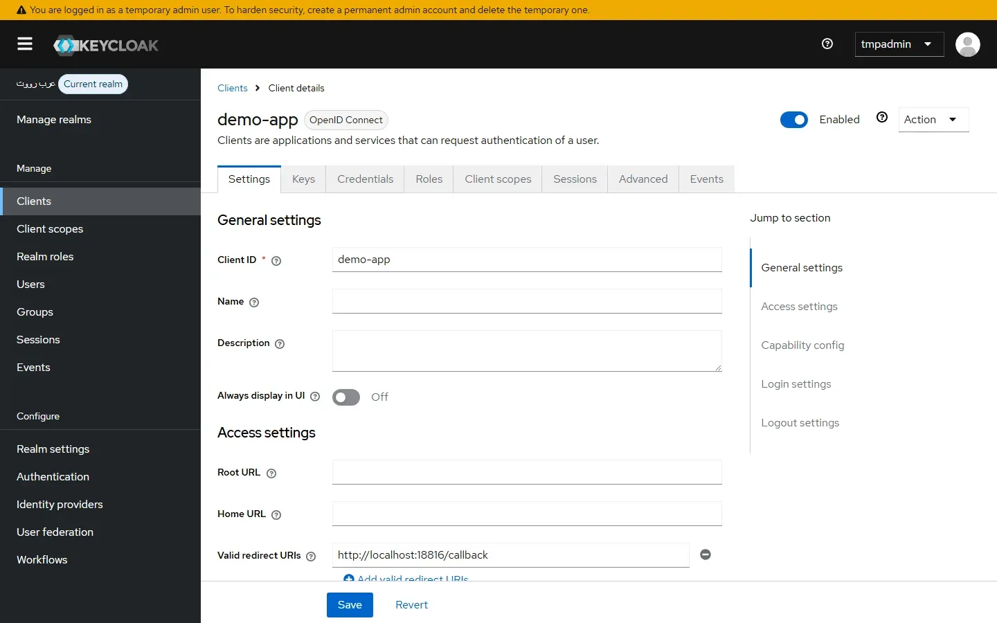 صفحة إعداد التطبيق demo-app في لوحة إدارة Keycloak تعرض Client ID وعنوان العودة المسموح