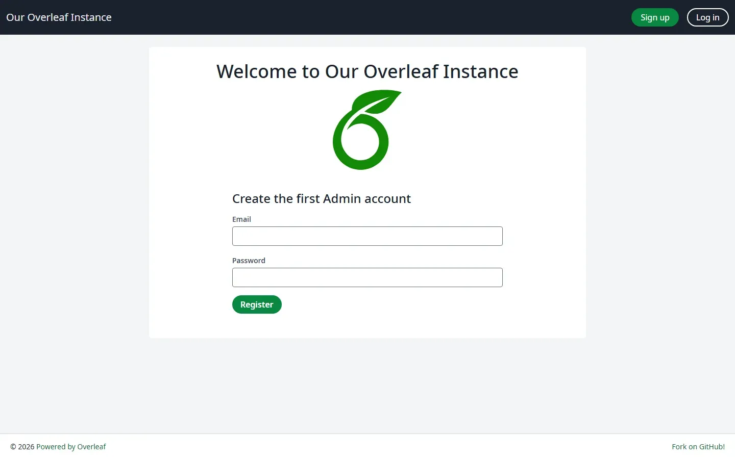 صفحة Launchpad في Overleaf Community Edition بعنوان Create the first Admin account وحقلي البريد وكلمة المرور وزر Register
