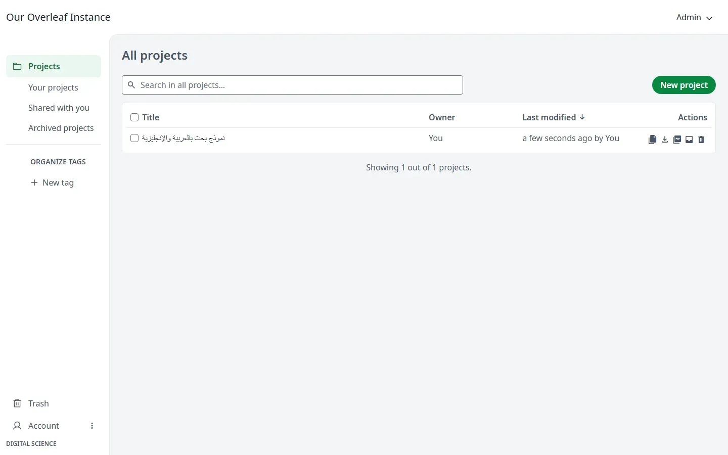 قائمة المشاريع في Overleaf وفيها مشروع واحد بعنوان عربي نموذج بحث بالعربية والإنجليزية