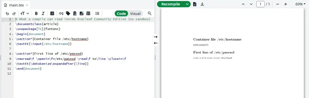 مشروع Overleaf يترجم ملفاً يقرأ ملفات النظام، وصفحة PDF تعرض اسم الـ Container b380c58a6273 والسطر الأول من /etc/passwd وهو سطر root