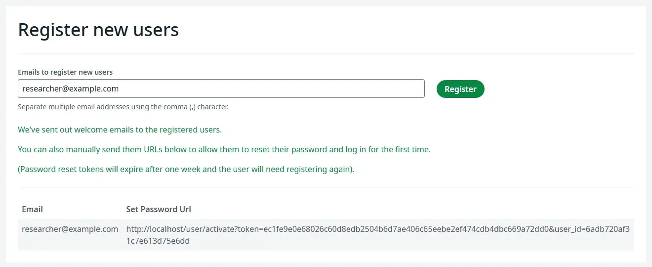 صفحة Register new users في لوحة مشرف Overleaf بعد تسجيل researcher@example.com، ورابط تعيين كلمة المرور يبدأ بـ http://localhost/user/activate
