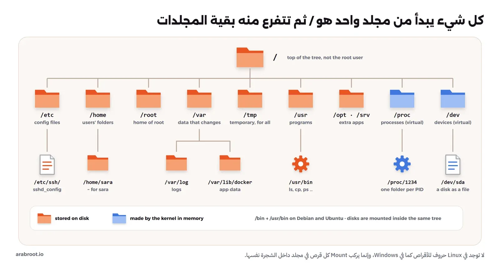 شجرة تبدأ بمجلد / وتتفرع منه المجلدات etc وhome وroot وvar وtmp وusr وopt وsrv وproc وdev، وتحت كل منها مثال: ملف sshd_config في etc/ssh، ومجلد sara في home، ومجلدا log وlib/docker في var، والبرامج في usr/bin، ومجلد لكل عملية في proc، والقرص sda كملف في dev، مع تمييز proc وdev بلون مختلف لأن النواة تنشئهما في الذاكرة