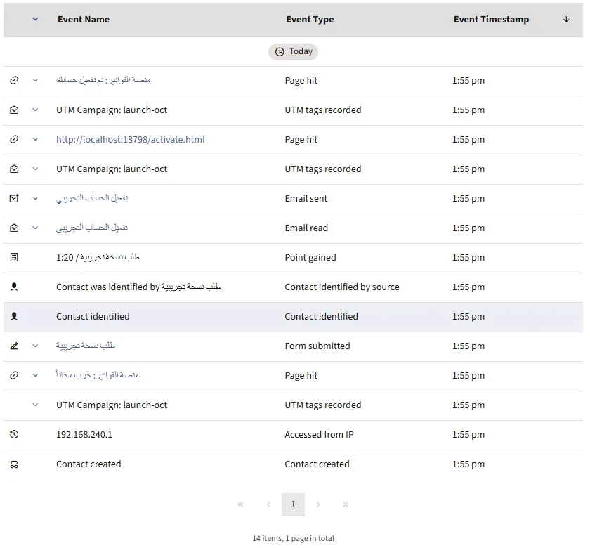 سجل جهة الاتصال سارة في Mautic بأربعة عشر حدثاً: Contact created وAccessed from IP وUTM tags recorded وPage hit لصفحة الهبوط وForm submitted وContact identified وPoint gained بعشرين نقطة وEmail sent وEmail read ثم Page hit لصفحة التفعيل مع UTM tags recorded