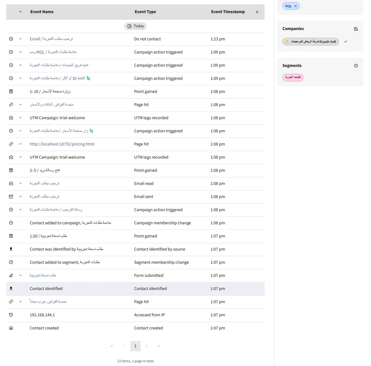 سجل جهة الاتصال نورة في Mautic بثلاثة وعشرين حدثاً، من Contact created وPage hit وForm submitted حتى Campaign action triggered للوسم MQL وتنبيه المبيعات، ثم Do not contact بعد إلغاء الاشتراك، وعلى اليمين الوسم MQL والشركة شركة الرياض للبرمجيات Riyadh Soft والشريحة طلبات التجربة