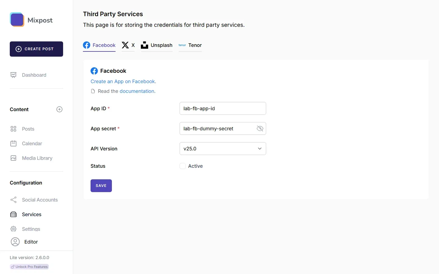 صفحة Third Party Services في Mixpost عند المستخدم Editor، وفيها App ID بقيمة lab-fb-app-id وApp secret ظاهر بقيمة lab-fb-dummy-secret بعد الضغط على أيقونة العين