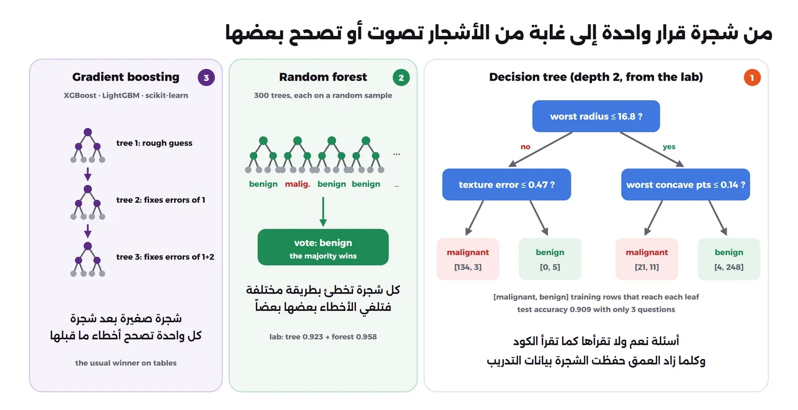 في اليمين شجرة القرار الحقيقية من التجربة: السؤال الأول worst radius أقل من أو يساوي 16.8، ثم worst concave points أقل من أو يساوي 0.14 في فرع نعم وtexture error أقل من أو يساوي 0.47 في فرع لا، وأربع أوراق benign وmalignant مع عدد عينات التدريب، وفي الوسط Random forest بأربع أشجار صغيرة تصوت benign وmalignant وbenign وbenign فتفوز benign، وفي اليسار Gradient boosting بثلاث أشجار متتالية كل واحدة تصحح أخطاء ما قبلها