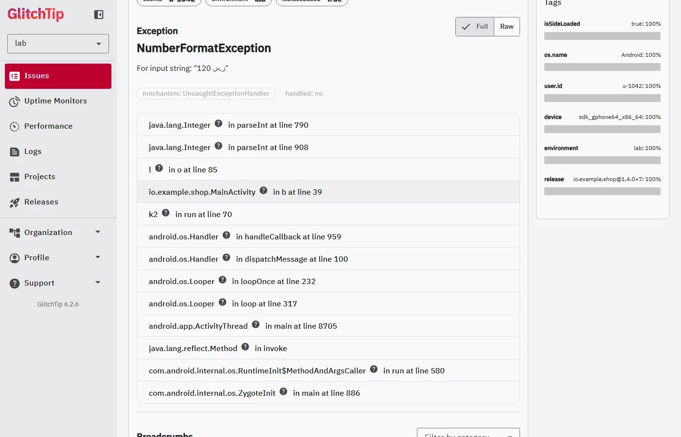 صفحة المشكلة في GlitchTip للاستثناء NumberFormatException مع الرسالة For input string 120 ر.س، والآلية UncaughtExceptionHandler وhandled no، وال Stack Trace فيه java.lang.Integer في parseInt، ثم l في o عند السطر 85، ثم io.example.shop.MainActivity في b عند السطر 39، ثم k2 في run عند السطر 70