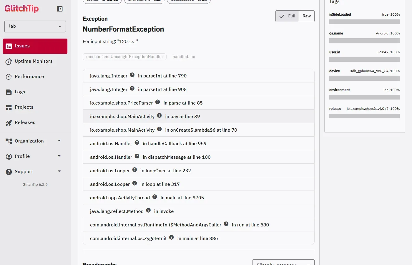 ال Stack Trace في GlitchTip بعد الترجمة: java.lang.Integer في parseInt، ثم io.example.shop.PriceParser في parse عند السطر 85، ثم io.example.shop.MainActivity في pay عند السطر 39، ثم io.example.shop.MainActivity في onCreate$lambda$6 عند السطر 70، ثم إطارات android.os.Handler وLooper وActivityThread