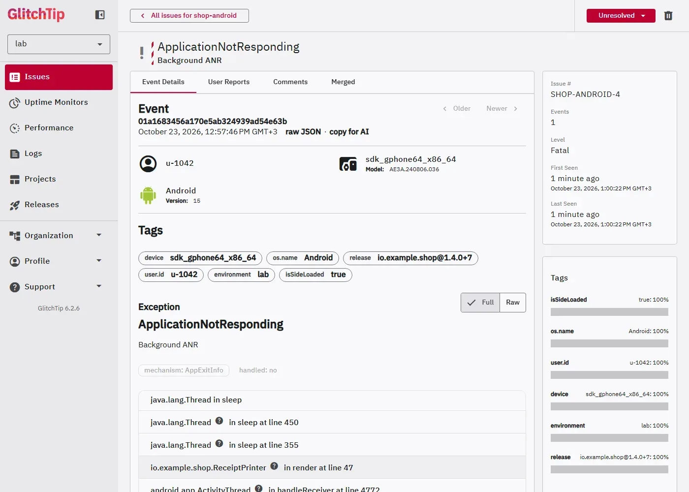 صفحة المشكلة ApplicationNotResponding Background ANR في GlitchTip بمستوى Fatal، والآلية AppExitInfo وhandled no، ووقت الحدث 12:57:46 بينما First Seen عند 1:00:22، والإطارات java.lang.Thread في sleep ثم io.example.shop.ReceiptPrinter في render عند السطر 47 ثم android.app.ActivityThread في handleReceiver