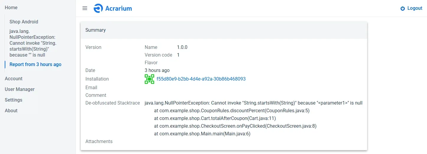 ملخص تقرير في Acrarium للإصدار 1.0.0 ورمز الإصدار 1، وفيه حقل De-obfuscated Stacktrace يعرض NullPointerException ثم الإطارات CouponRules.discountPercent في السطر 5 وCart.totalAfterCoupon في السطر 11 وCheckoutScreen.onPayClicked في السطر 8 وMain.main في السطر 6