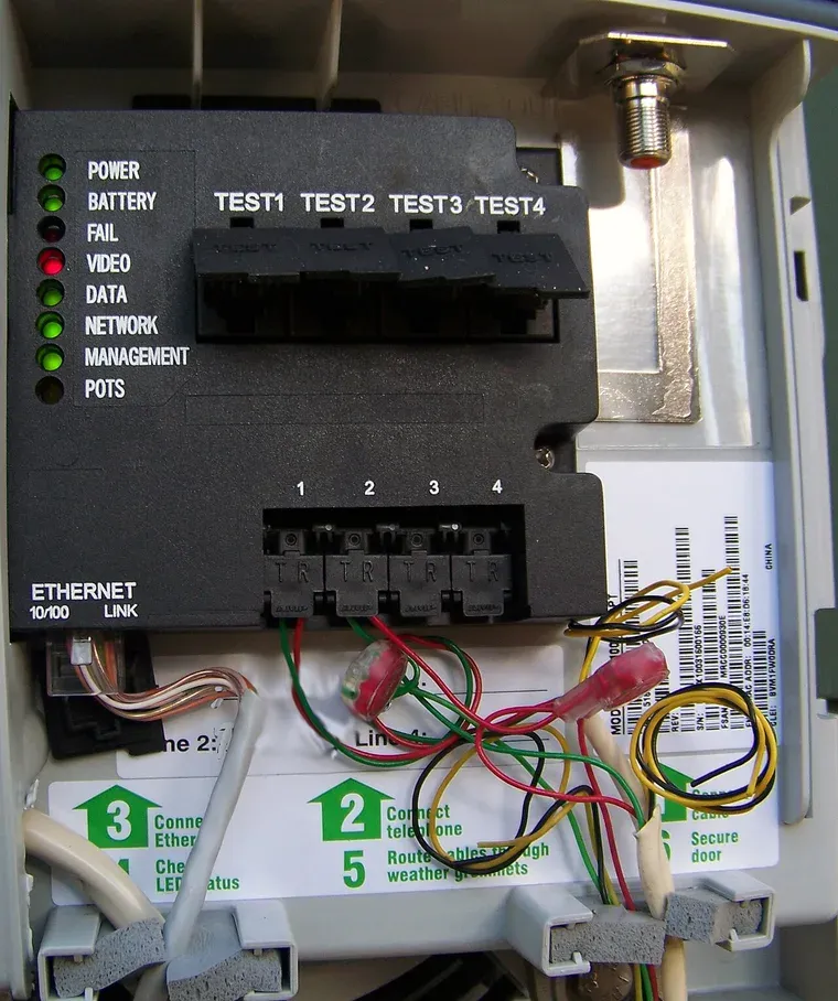 جهاز ONT أسود داخل علبة رمادية مثبتة على جدار، فيه أضواء حالة باسم POWER وBATTERY وVIDEO وDATA وPOTS، ومنفذ ETHERNET 10/100 في الأسفل، وأربعة منافذ هاتف موصول بها أسلاك ملونة، ومنفذ كابل تلفزيون في الأعلى