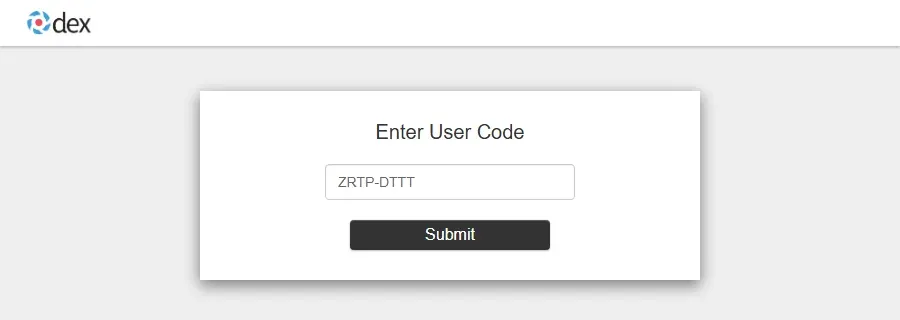 صفحة Enter User Code في Dex وفيها حقل الكود وزر Submit