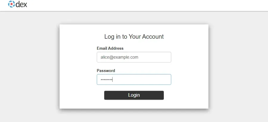 صفحة تسجيل الدخول في Dex وفيها حقل البريد alice@example.com وحقل كلمة المرور وزر Login