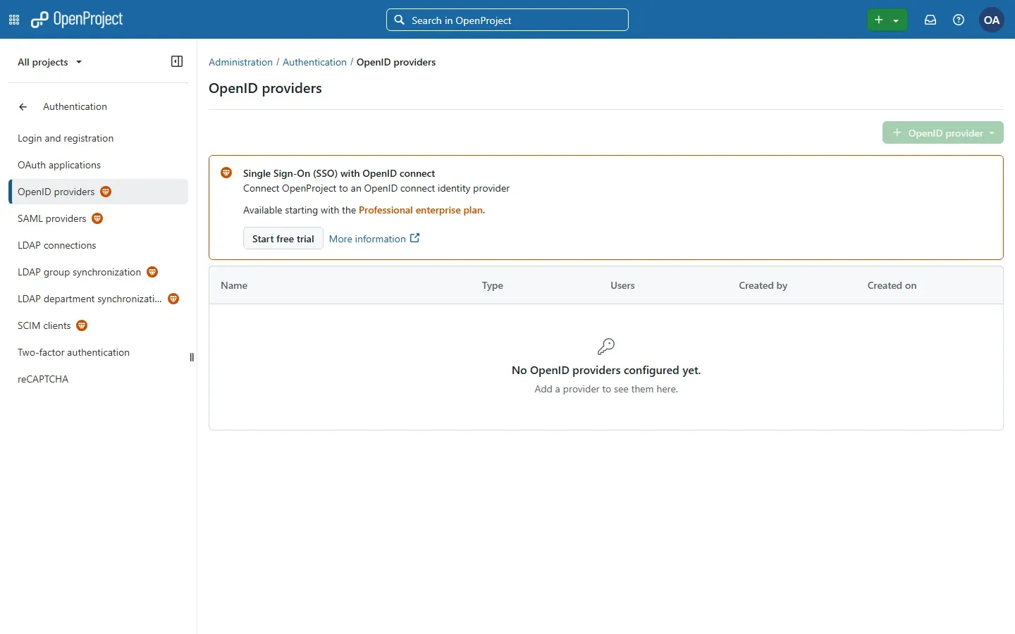 صفحة OpenID providers في OpenProject مع رسالة أنها متاحة من خطة Professional، والشارات بجانب SAML وLDAP group synchronization وSCIM