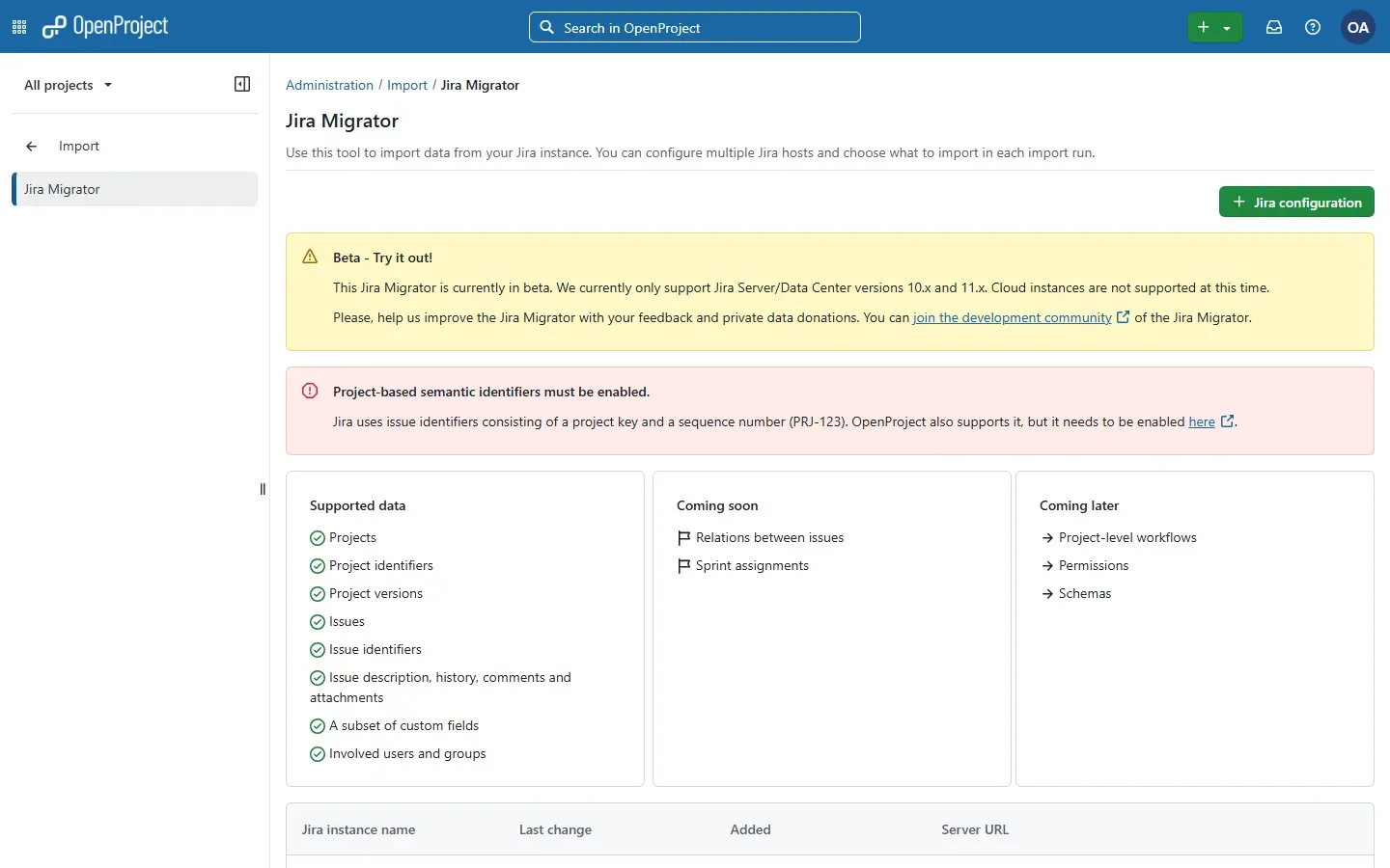 صفحة Jira Migrator في OpenProject: البيانات المدعومة والقادمة وتحذير المعرفات النصية