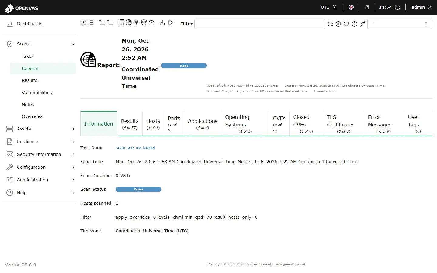 صفحة التقرير في OpenVAS بحالة Done ومدة الفحص 0:28 ساعة وسيرفر واحد مفحوص، والفلتر المطبق levels=chml min_qod=70 يعرض 4 من 37 نتيجة