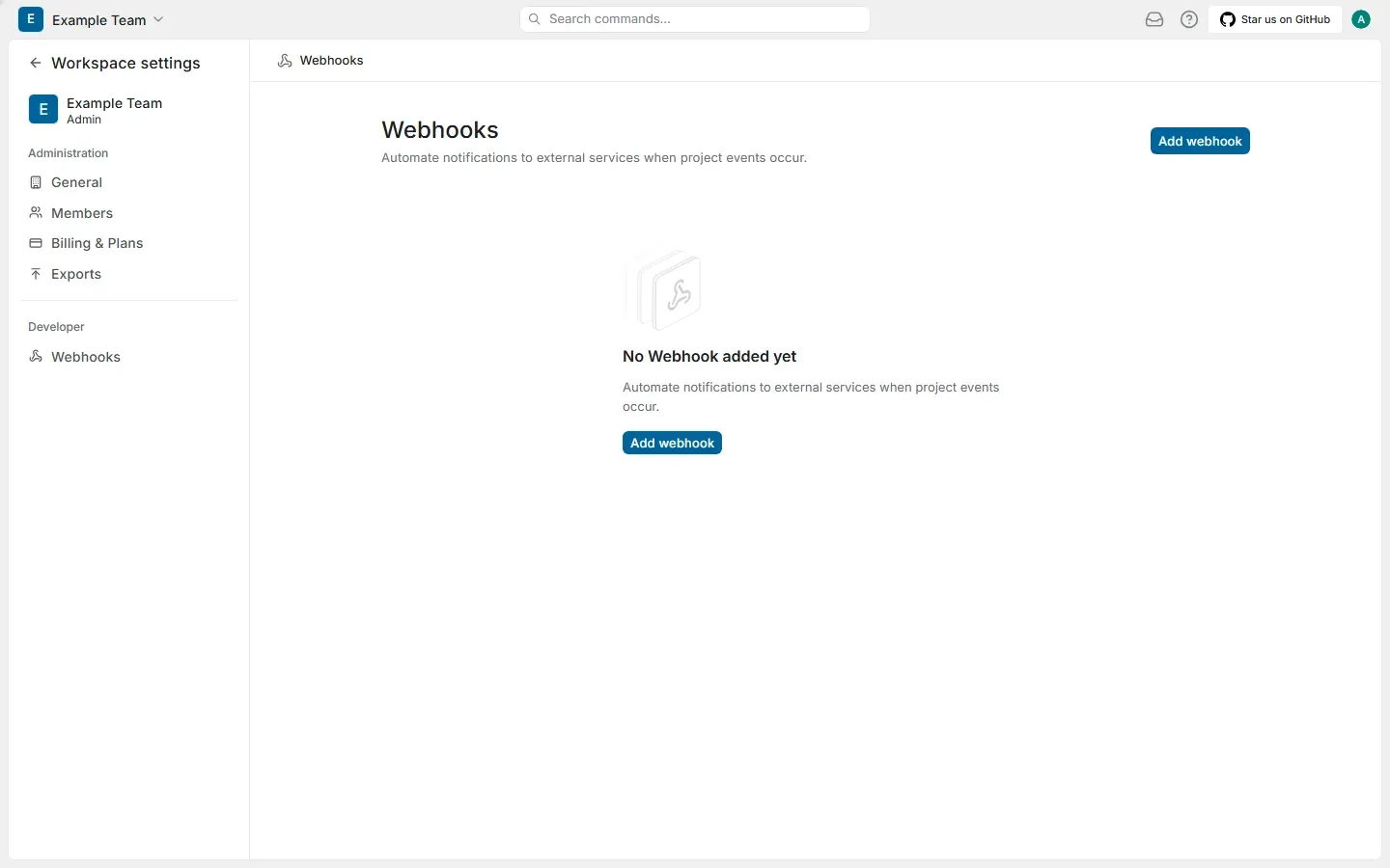 إعدادات مساحة العمل في Plane Community Edition: General وMembers وBilling وExports وWebhooks فقط