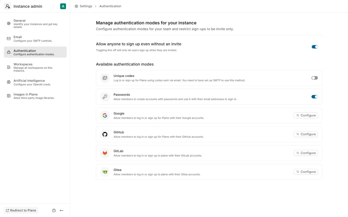 صفحة طرق الدخول في Plane: كلمة المرور والرموز وGoogle وGitHub وGitLab وGitea