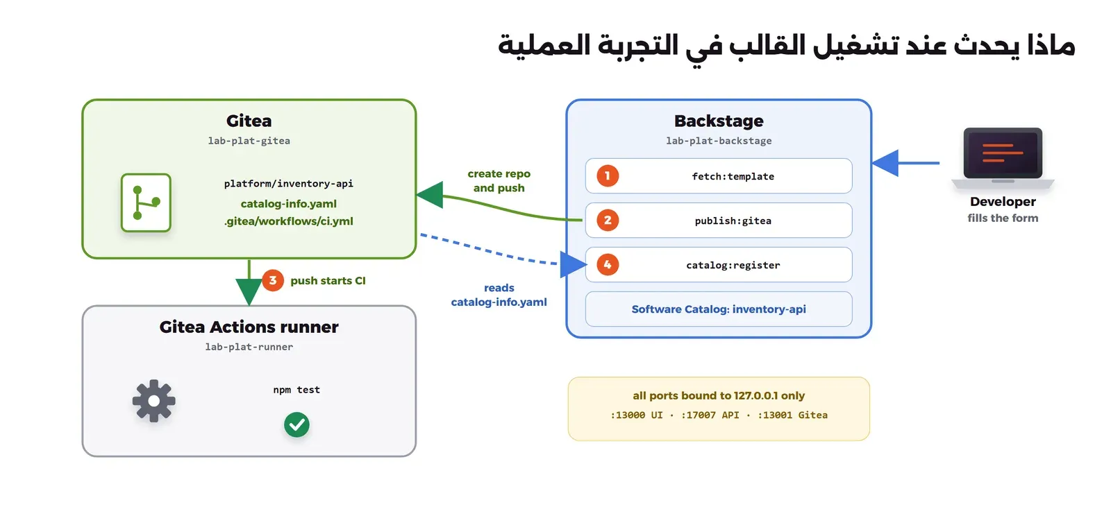 على اليمين حاسوب Developer fills the form بسهم إلى صندوق Backstage lab-plat-backstage فيه ثلاث خطوات مرقمة: 1 fetch:template و2 publish:gitea و4 catalog:register، وتحتها Software Catalog: inventory-api. من الخطوة 2 سهم أخضر create repo and push إلى صندوق Gitea lab-plat-gitea فيه مستودع platform/inventory-api مع catalog-info.yaml و.gitea/workflows/ci.yml، ومن Gitea سهم إلى الأسفل مع الرقم 3 push starts CI إلى صندوق Gitea Actions runner lab-plat-runner فيه npm test وعلامة صح. ومن Gitea سهم أزرق متقطع reads catalog-info.yaml إلى الخطوة 4. وفي صندوق أصفر all ports bound to 127.0.0.1 only :13000 UI :17007 API :13001 Gitea