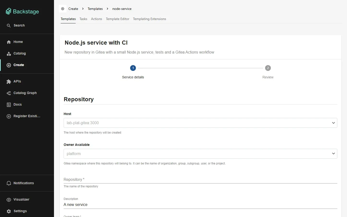 لقطة من واجهة Backstage في صفحة Create ثم Templates ثم node-service، وفيها بطاقة بعنوان Node.js service with CI ووصف New repository in Gitea with a small Node.js service, tests and a Gitea Actions workflow، وخطوتان Service details وReview، وتحت عنوان Repository حقل Host فيه lab-plat-gitea:3000 وحقل Owner Available فيه platform وحقل Repository فارغ وحقل Description فيه A new service