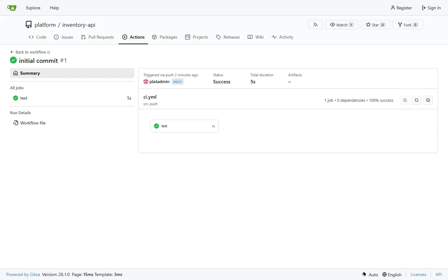 لقطة من Gitea 28.1.0 لمستودع platform/inventory-api في تبويب Actions، وفيها تشغيل initial commit رقم 1 بعلامة نجاح، و Triggered via push بواسطة platadmin على فرع main، وStatus Success، وTotal duration 5s، وملف ci.yml on: push بمهمة واحدة test نجحت