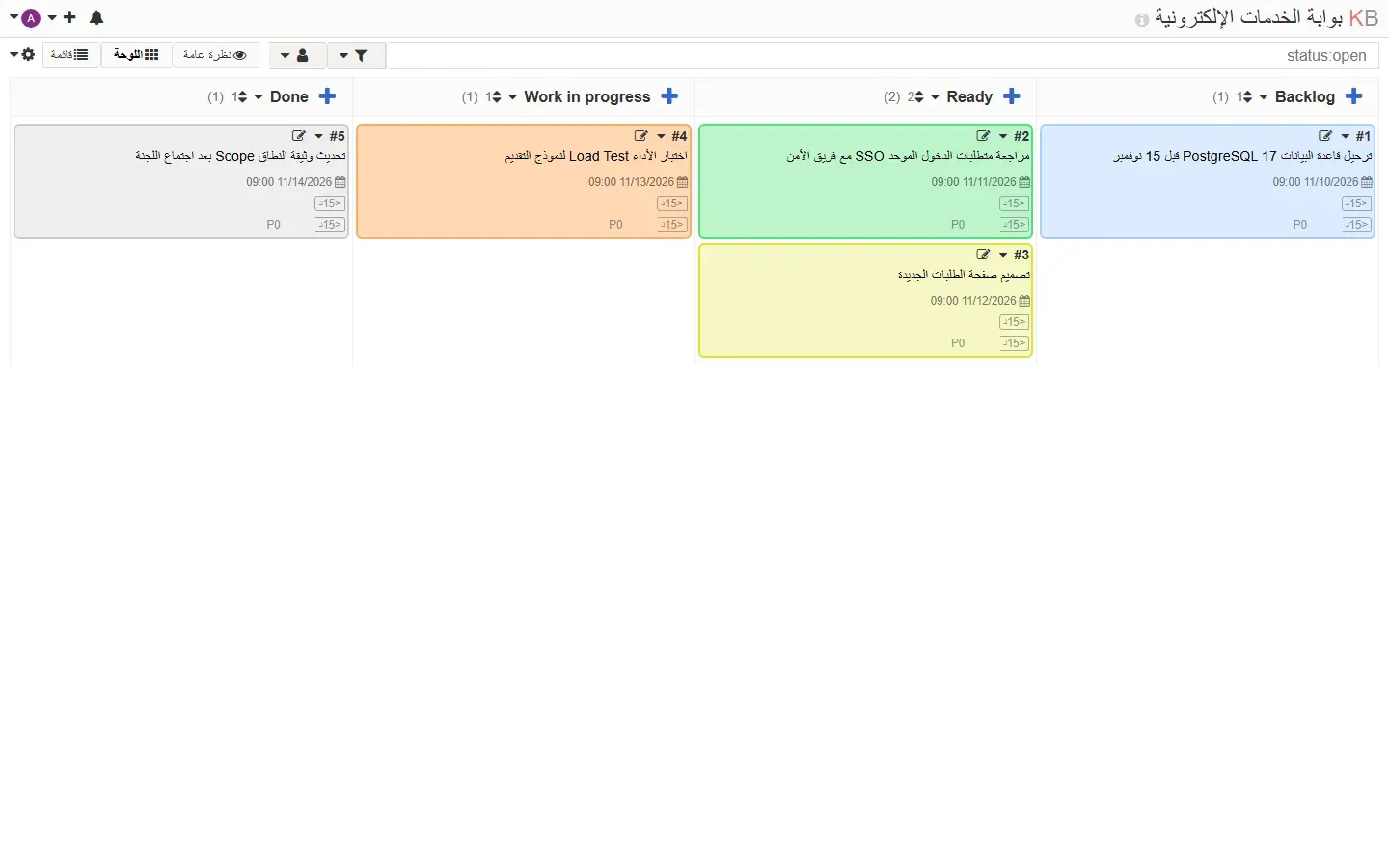 لوحة Kanboard 1.2.56 بالعربية: الأعمدة Backlog وReady وWork in progress وDone من اليمين إلى اليسار، وبطاقات ملونة بعناوين عربية سليمة، والتواريخ بالصيغة الأمريكية 11/10/2026، وزر اللوحة والقائمة ونظرة عامة بالعربية وعامل التصفية status:open بالإنجليزية