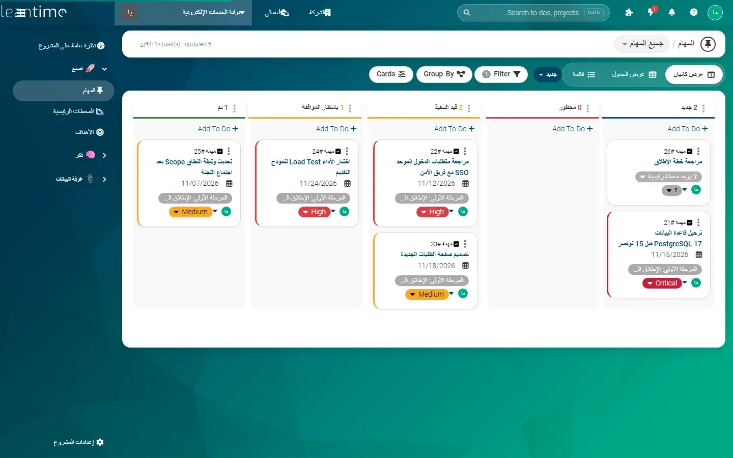 لوحة كانبان في Leantime 3.12.0 بالعربية: الأعمدة جديد ومحظور وقيد التنفيذ وبانتظار الموافقة وتم من اليمين إلى اليسار، وبطاقات المهام بعناوين عربية مع المعلم المرحلة الأولى، بينما بقيت عبارات Add To-Do وCards وGroup By وFilter وSearch to-dos والأولويات Critical وHigh وMedium بالإنجليزية