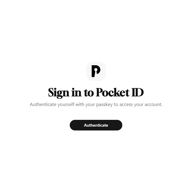 صفحة دخول Pocket ID فيها زر Authenticate فقط دون حقل لاسم المستخدم أو كلمة المرور