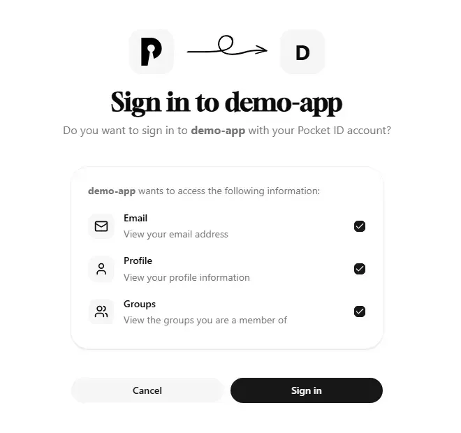 شاشة الموافقة في Pocket ID تطلب من المستخدم مشاركة البريد والملف الشخصي والمجموعات مع demo-app