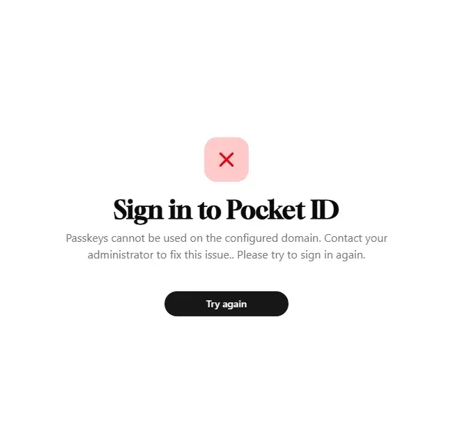 رسالة في Pocket ID تقول إن مفاتيح المرور لا يمكن استخدامها على النطاق المعرف