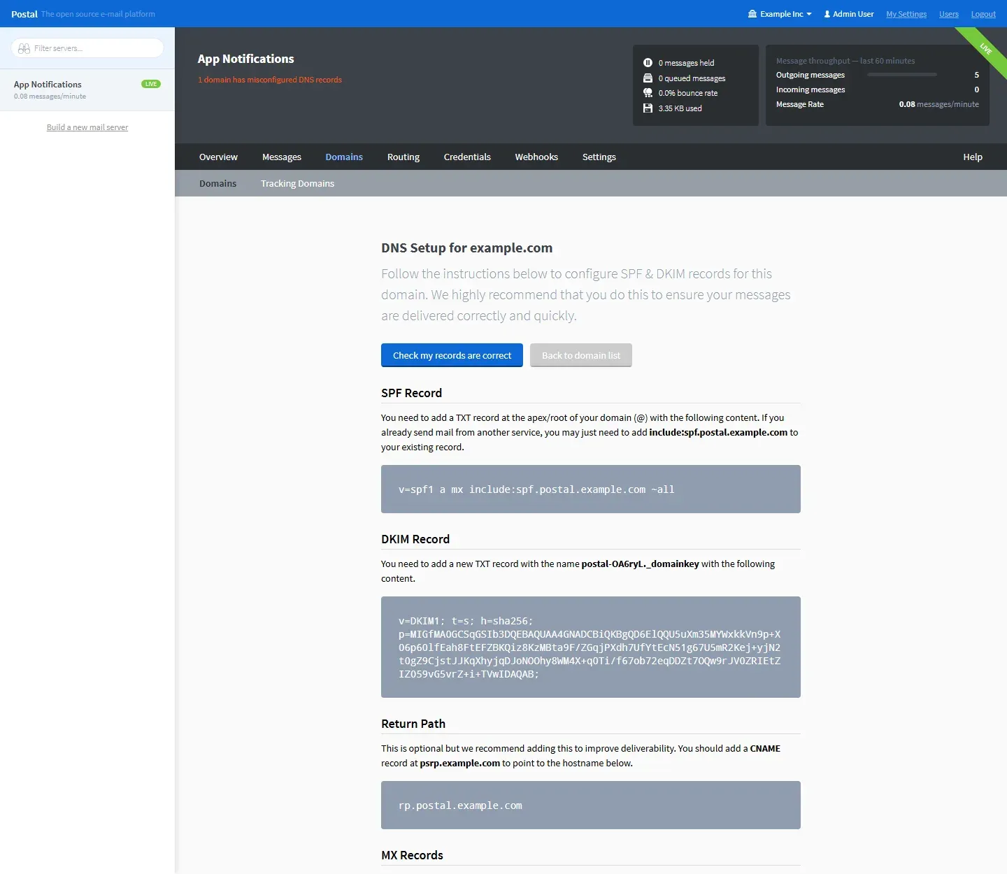 صفحة DNS Setup في Postal للنطاق example.com مع سجل SPF وسجل DKIM وسجل Return Path