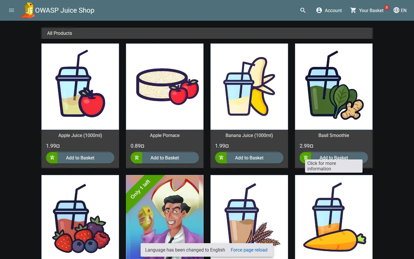واجهة متجر OWASP Juice Shop تعمل في المختبر، تعرض منتجات عصائر بأسعار وأزرار إضافة إلى السلة، وفي الأعلى شريط فيه الحساب والسلة واللغة، وهو تطبيق ويب كامل مصمم ليكون ضعيفاً للتدريب