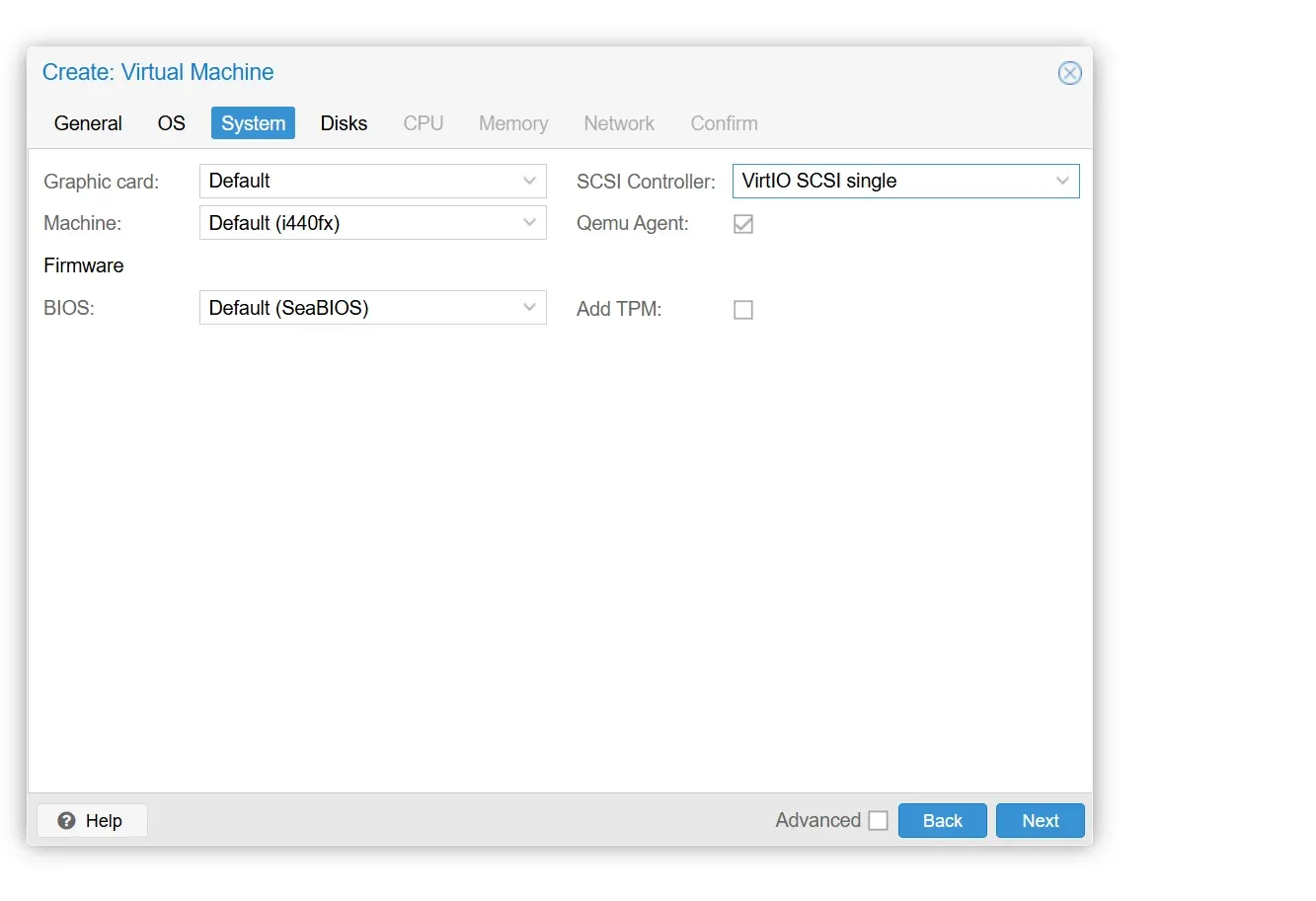تبويب System مع SCSI Controller بقيمة VirtIO SCSI single وتفعيل Qemu Agent