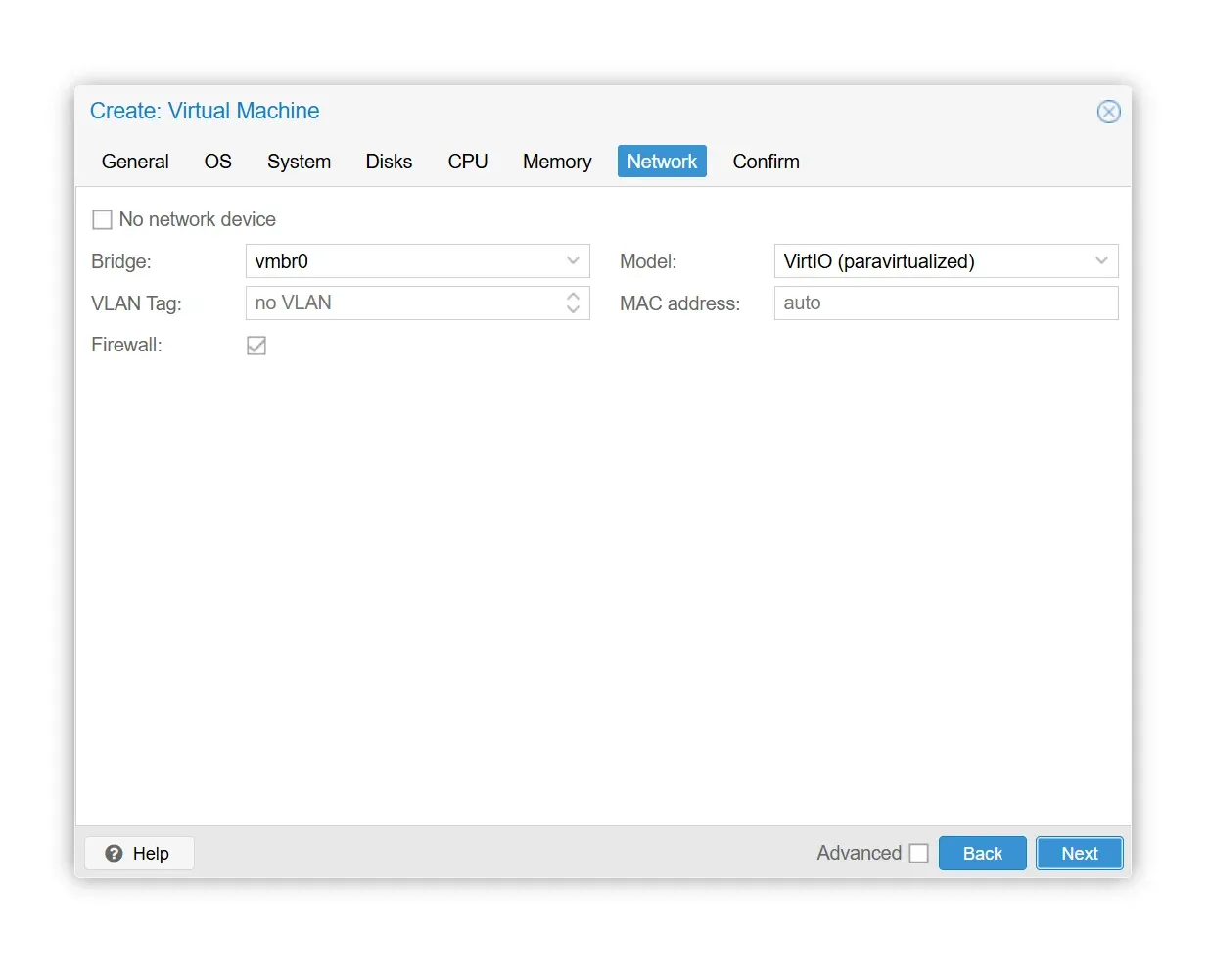 تبويب Network مع Bridge بقيمة vmbr0 ونموذج VirtIO وعنوان MAC تلقائي