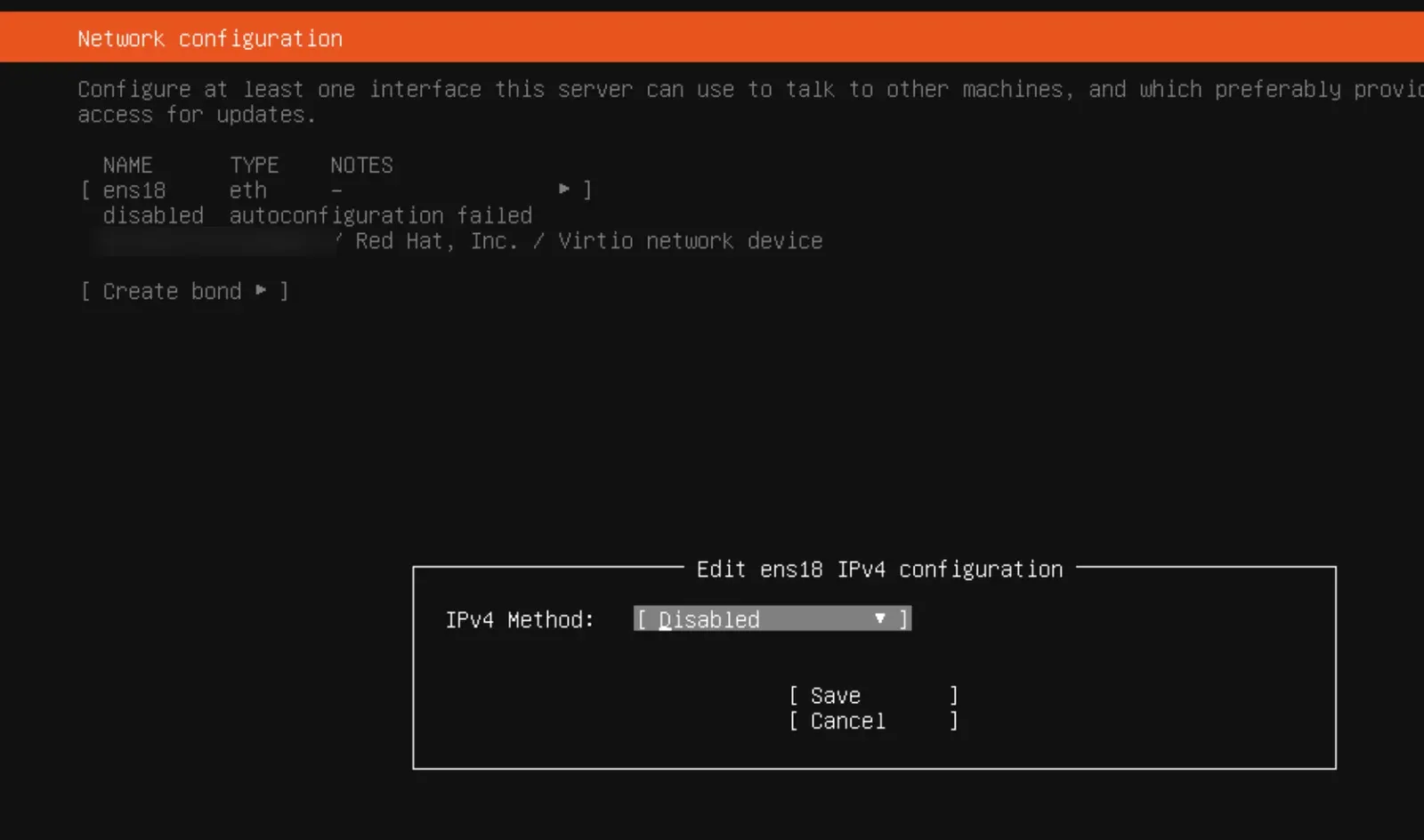 شاشة Network configuration في مثبت Ubuntu مع البطاقة ens18 ونافذة Edit IPv4