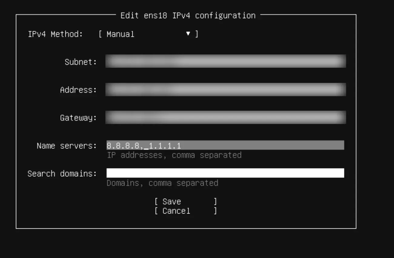 نافذة Edit IPv4 configuration بطريقة Manual مع حقول Subnet وAddress وGateway وName servers